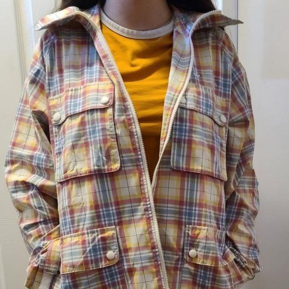 Adidas tri colored plaid jacket with hoodie